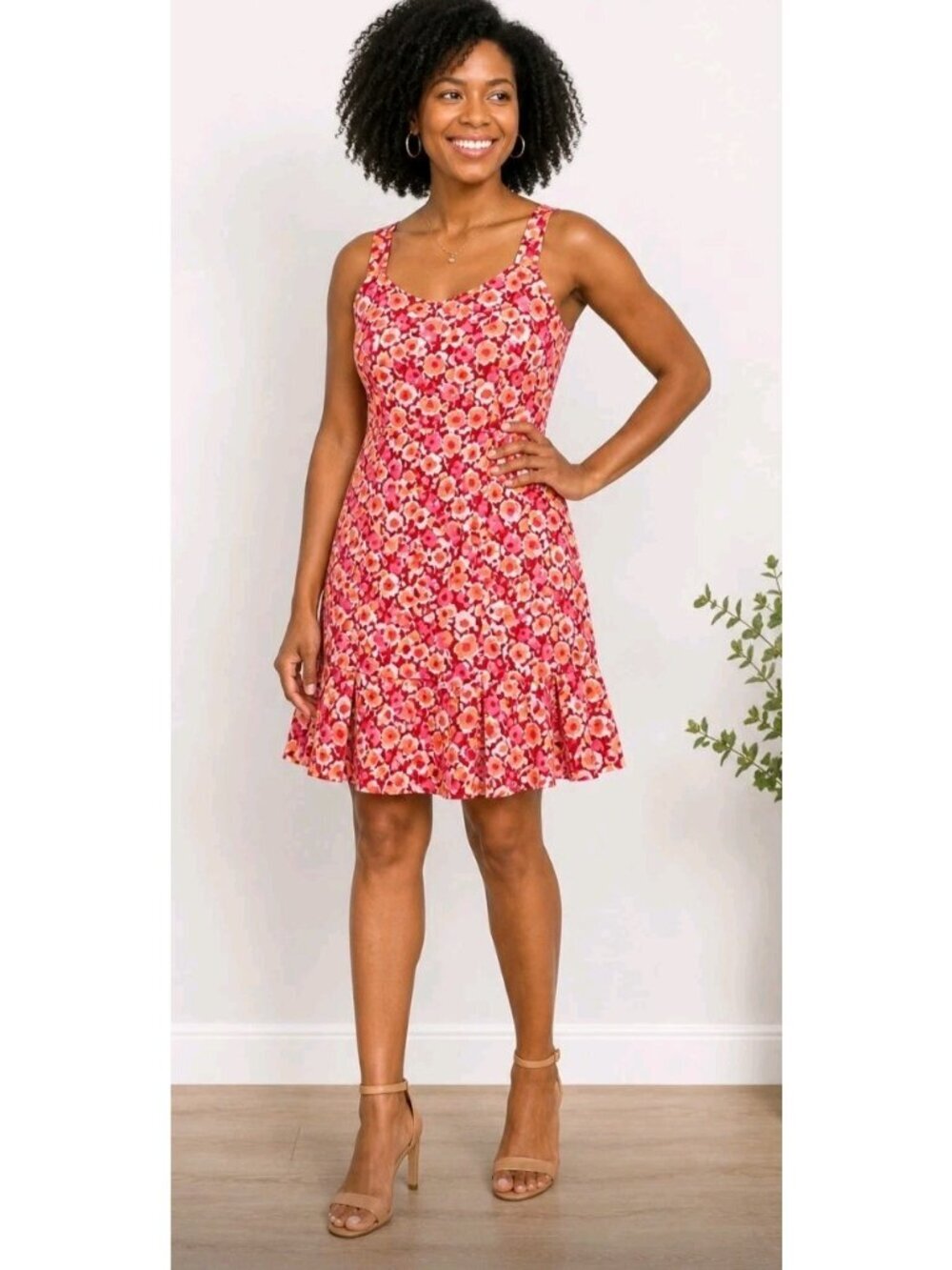 Loft Floral Sundress Kick Pleat Hem Casual Summer Party Stretch Size 10 Red